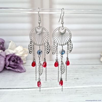Silver long dreamcatcher boho dangle earrings with red and blue beads, leaf charms, and crescent moon on hypoallergenic hooks