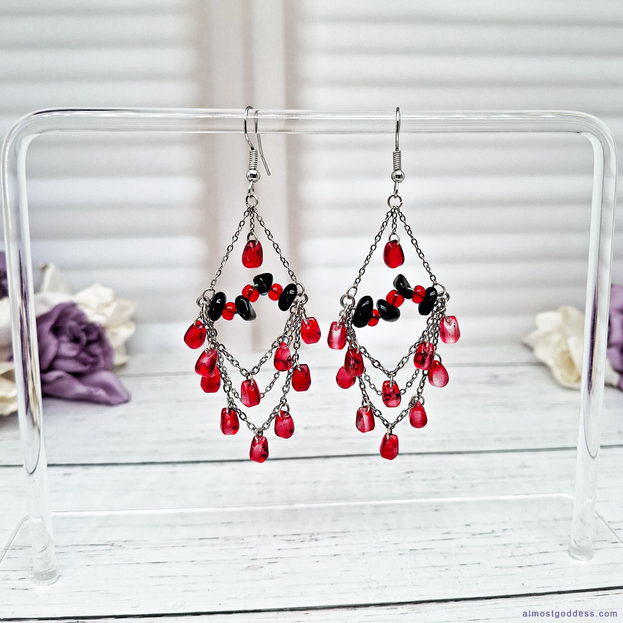 Gothic Chandelier Black Red Earrings with Chains Black and red chandelier dangle earrings with stainless steel chains, glass teardrop beads, and black agate accents. Gothic statement drop earrings with fishhook wires, featuring red and black gemstone-style jewelry for women