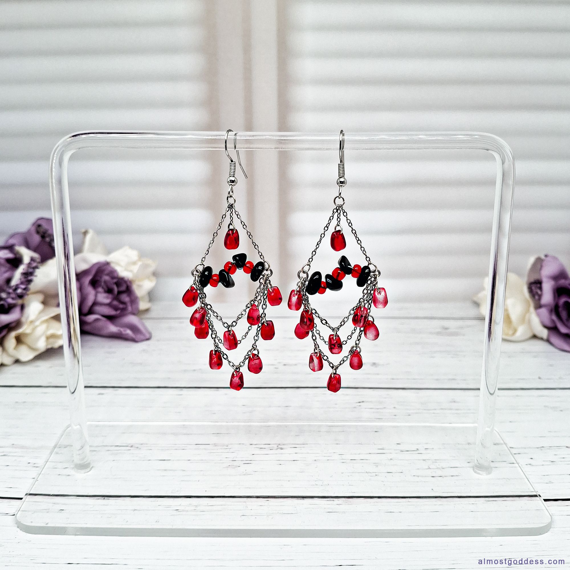 Gothic Chandelier Black Red Earrings with Chains Black and red chandelier dangle earrings with stainless steel chains, glass teardrop beads, and black agate accents. Gothic statement drop earrings with fishhook wires, featuring red and black gemstone-style jewelry for women