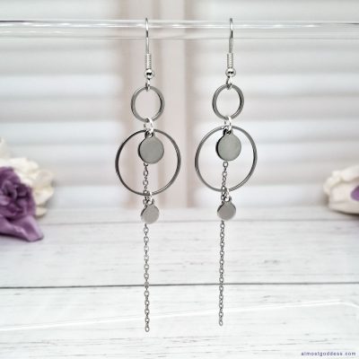 Long stainless steel modern geometric circle dangle earrings with sequin coins and chain dangles charms, minimalist hypoallergenic jewelry