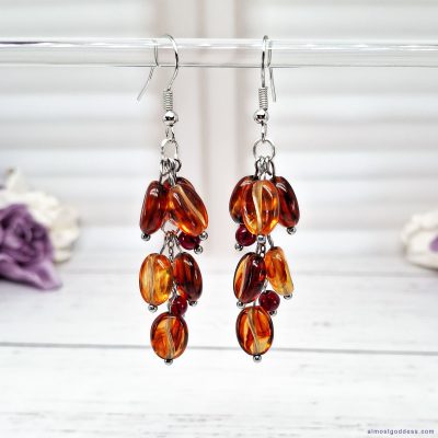 Handmade long brown coffee bean dangle cascading cluster earrings with cognac and amber beads on stainless steel hooks