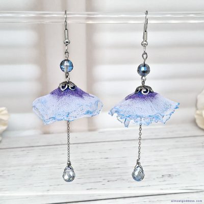Handmade blue purple flower dangle earrings with glass bead drops and silver stainless steel chains, delicate floral drop earrings jewelry