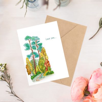 Watercolor “Autumn trees” greeting card Love you